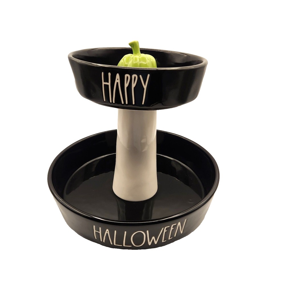Rae Dunn Happy Halloween Ceramic Two tiered Candy Fruit Stand Hard to Find READ